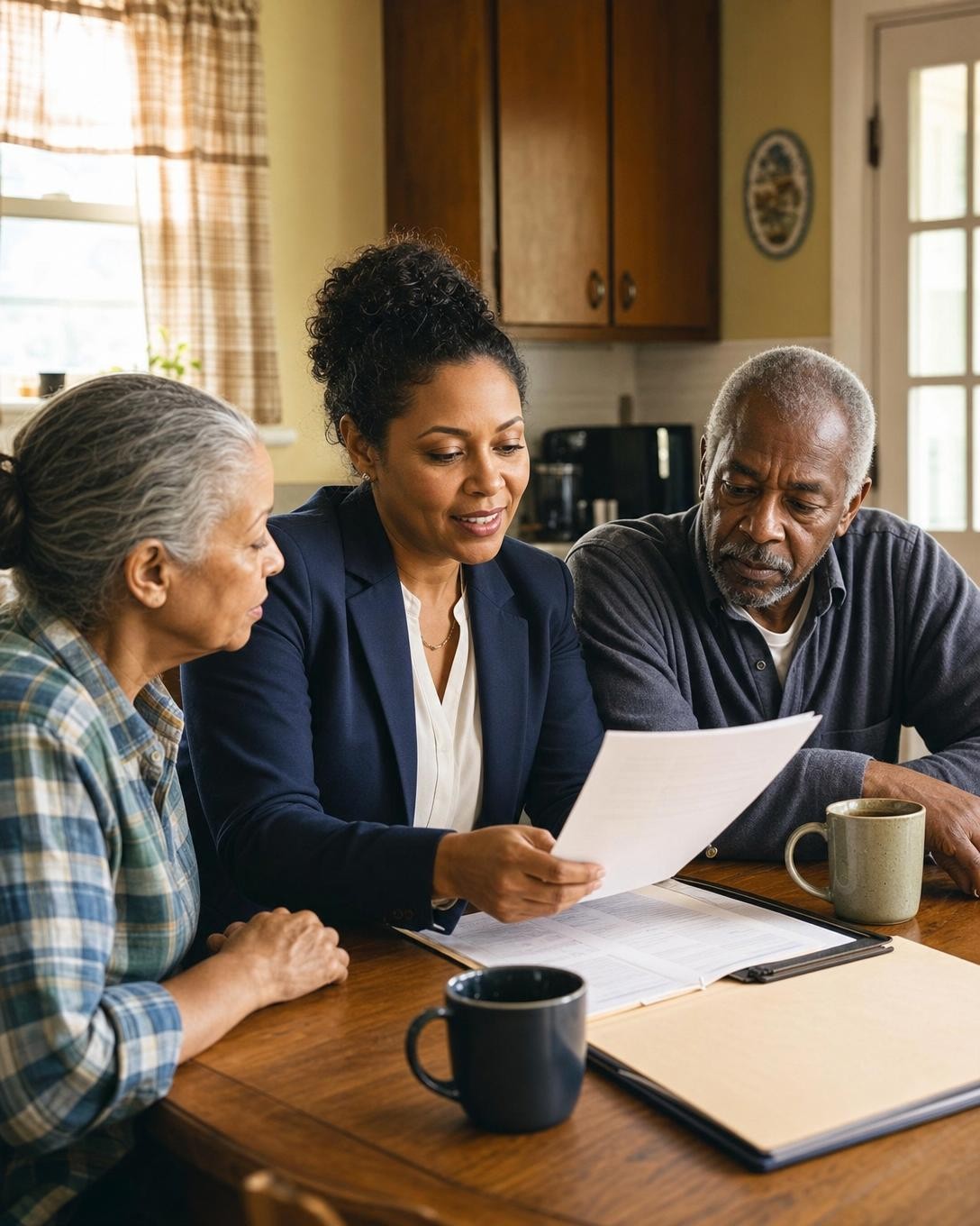 A home buyer reviewing paperwork with a couple at their kitchen table