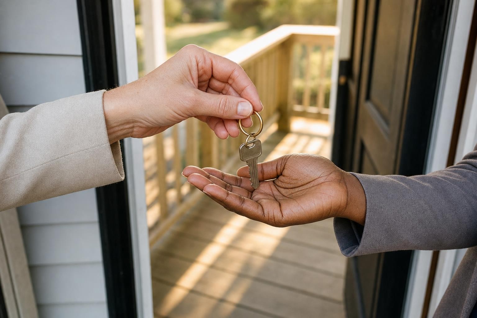 A house key being handed over at the front door of a home